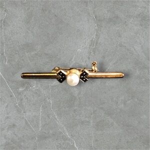 Vintage Bar Brooch Gold Black Enamel Pearl